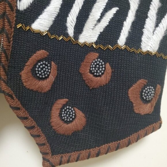 Vintage Embroidered Knit Vest Zip Up Animal Leopard Zebra - Picture 9 of 16